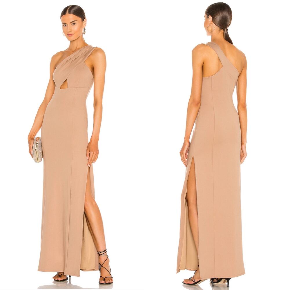 Lovers + Friends‎ Stacey Dress Mauve Gown Beige One Shoulder Cut Out Slit Sz XS